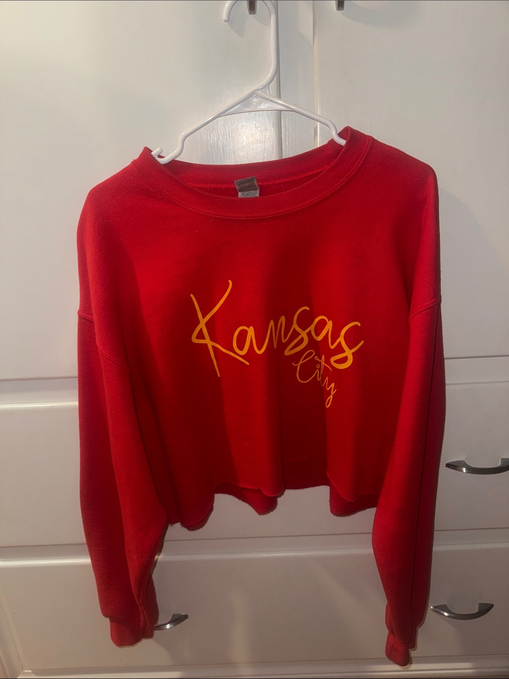 Gildan Red Cropped Crewneck with Yellow Kansas City Script